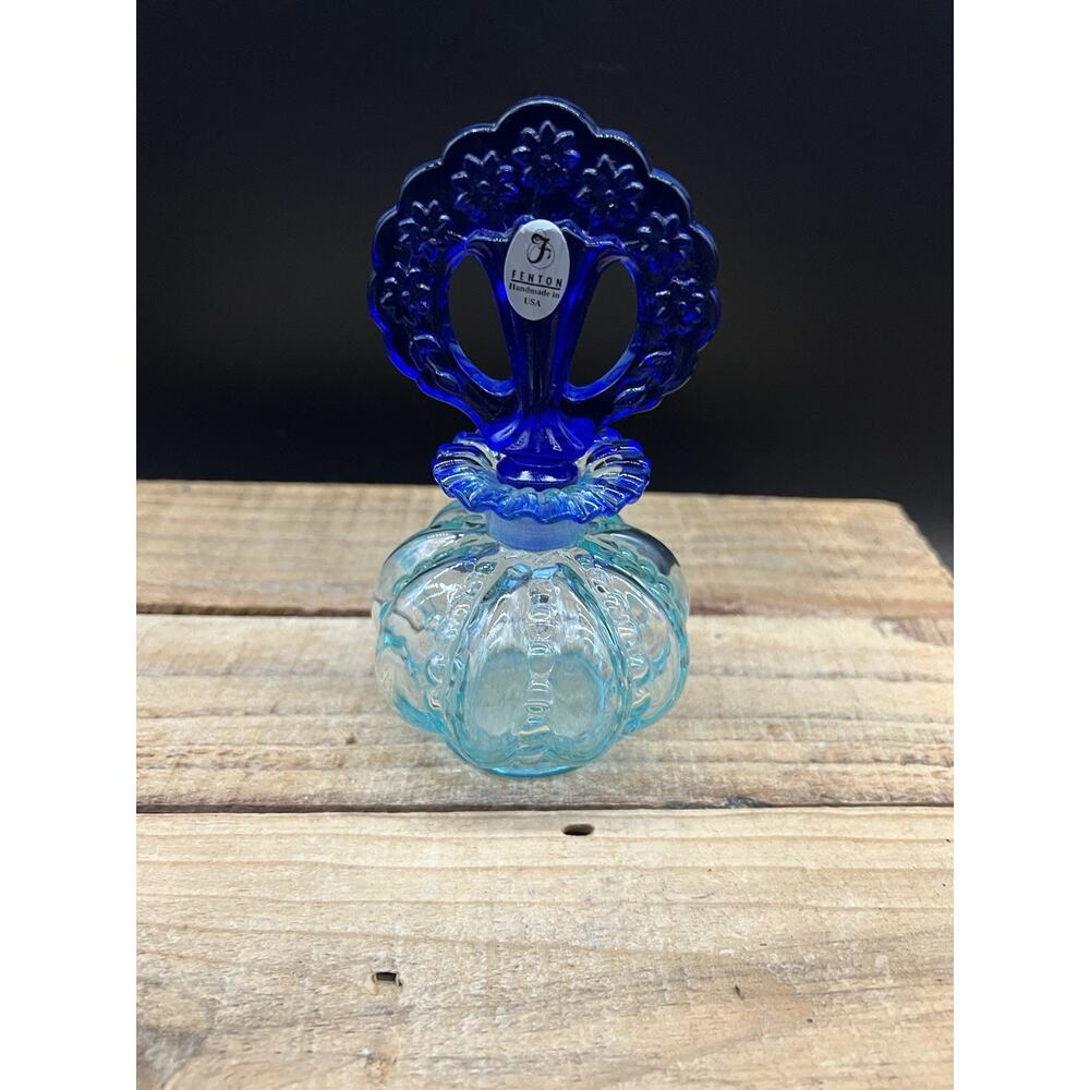 Fenton Aqua Iridized Glass Perfume Bottle Cobalt Blue Stopper Vintage Art Glass